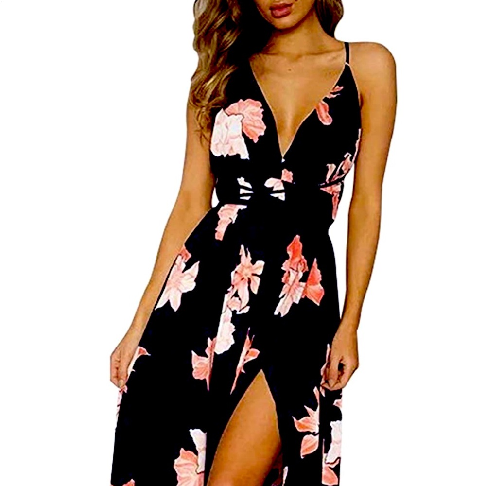 Women's Sexy Deep V Neck Backless Floral Print Split Maxi Party Dress